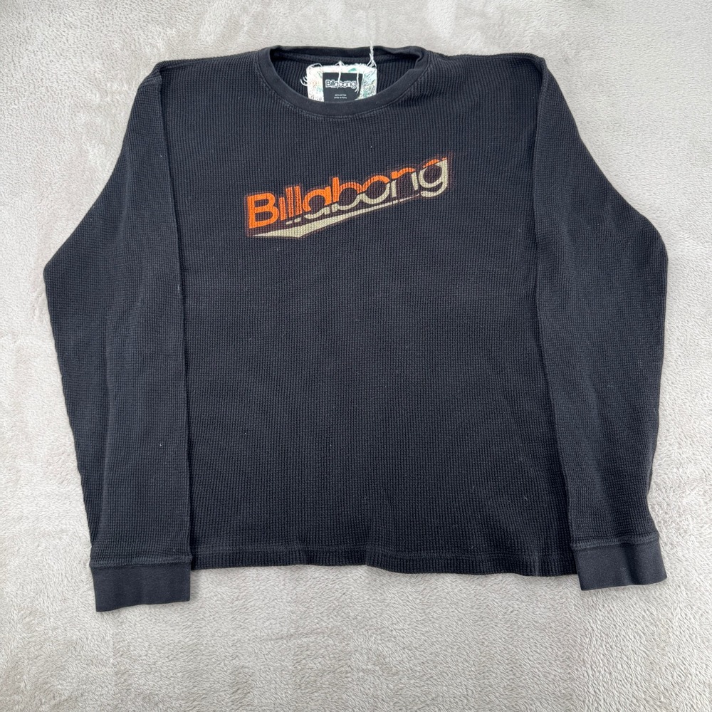 Billabong Mens XL Black Long Sleeve Thermal Waffle Knit Shirt Preowned Logo